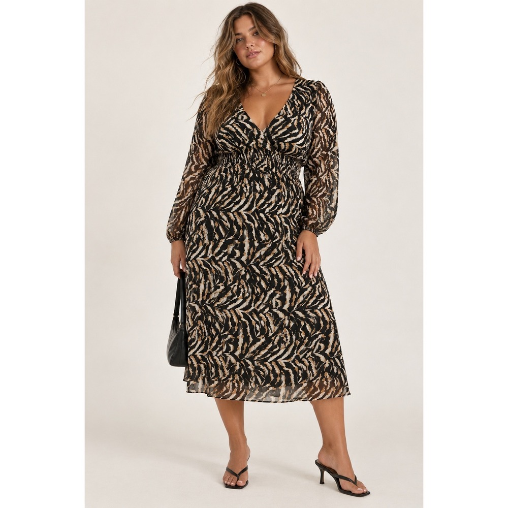Sofia Vergara Dress XL Black Tan Zebra Smocked Empire Waist Metallic Chiffon